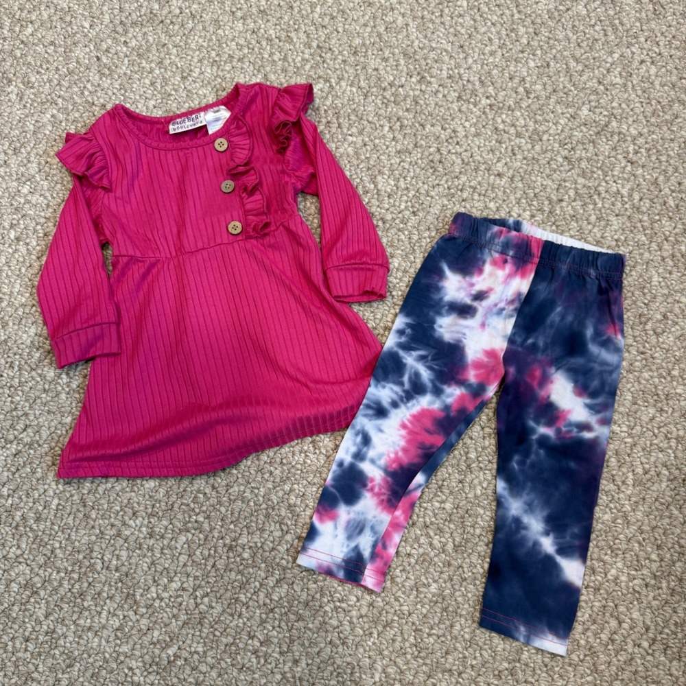 Blueberi Boulevard Girls Ruffle Top and Tie Dye Leggings Set Size 24 Months